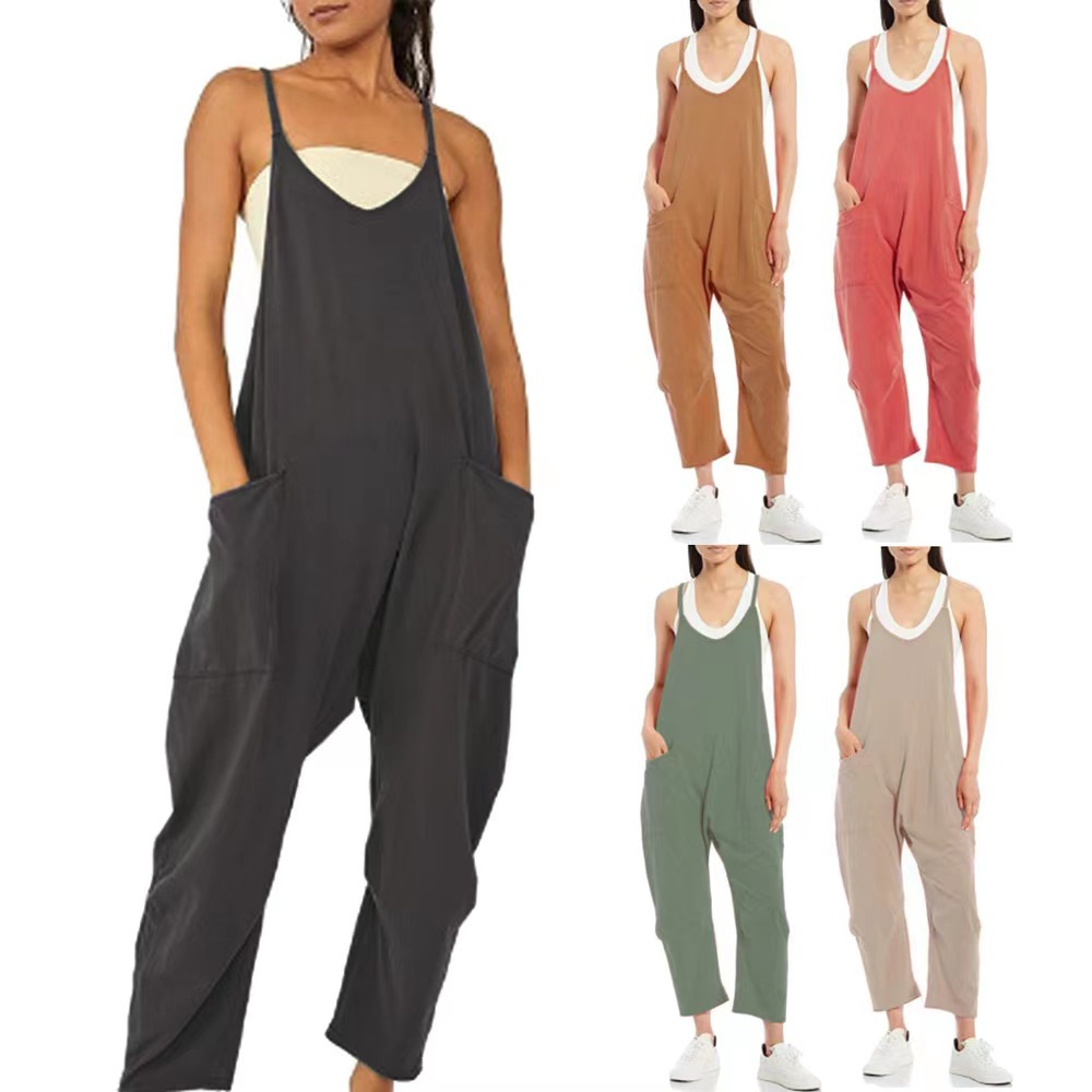 2023 Women Casual Hot Shot Onesie FP dupes Spaghetti Strap Loose Romper Stretch Overalls Pocket Summer Fashion Harem Jumpsuits