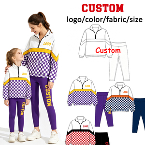 Conjunto de 2 piezas a cuadros personalizado para niños y adultos: Top con cuello de media cremallera y bloques de color, y pantalón estampado de cintura alta. Chándal infantil. - Product Image 1