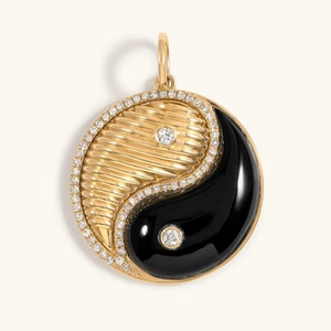 カスタム ジュエリー 18Kゴールドプレート ダイヤモンド オニキス ホワイト＆ブラック エナメル 陰陽 ペンダント ネックレス - Product Image 1