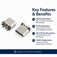 Connecteur vertical SMT DIP USB Type-C 24 broches femelle à coque longue, hauteur personnalisée, vente directe usine, conforme RoHS ST-C-24P-LS-H