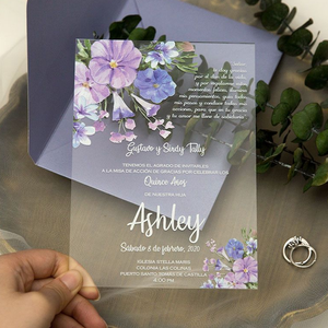 การ์ดเชิญงานแต่งงานอะคริลิครูปดอกไม้สีม่วงใสสง่างามเรียบง่ายพร้อมซองสำหรับ<span class=keywords><strong>คน</strong></span>สมัยใหม่งานเลี้ยงวินาศกรรม - Product Image 3