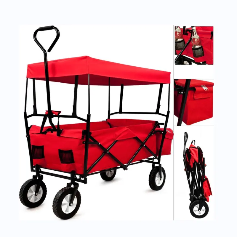Beach wagon with sun shade collapsible folding outdoor utility wagon 4 wheel stainless steel camping cart hand trolley 80kg