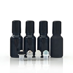 Glanzende zwarte glazen cilinderfles met metalen roller, geschikt voor zeefdruk, voor huidverzorging, etherische olie, 5-100ml, lege rollerfles met dopjes - Product Image 1