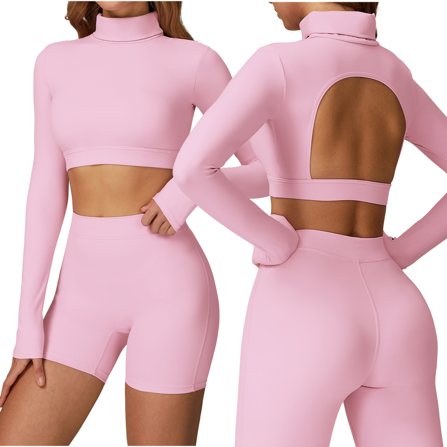 Women Long Sleeve Yoga Top High Neck Cut Out Back Padded Sports Shirt Patchwork Tight Fit Workout Gym Running Activewear
