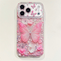 Coque iPhone 18 Pro Max Papillon Rose Paillettes Strass Perles Housse de téléphone Antichoc Étanche