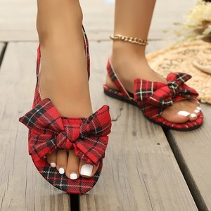Sandalias planas con lazo a cuadros para mujer, sandalias con correa trasera y punta abierta, calzado informal de verano - Product Image 4