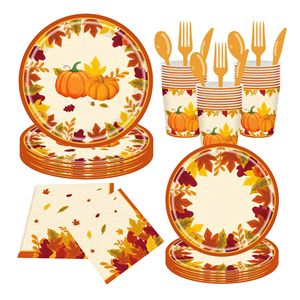 Juego de Platos, Vasos, Servilletas y Utensilios Desechables con Diseño de Hojas de Arce y Calabazas para el Festival de la Cosecha, Reuniones Familiares y Acción de Gracias - Product Image 1