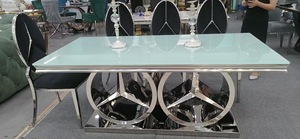 Hiện đại sang trọng hình chữ nhật vàng <span class=keywords><strong>Dinning</strong></span> bảng thiết lập 6 chỗ ngồi 4 ghế kim loại phòng ăn đồ nội thất bằng đá cẩm thạch đầu bàn ăn thiết lập - Product Image 3