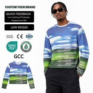 เสื้อยืดโอเวอร์ไซส์ทรงบ็อกซี่แบบครอปสำหรับผู้ชาย สไตล์สตรีทแวร์ ผ้าวาฟเฟิลถัก แขนยาว ลายกราฟิก เสื้อยืดผ้าวาฟเฟิลถักสำหรับผู้ชาย - Product Image 1