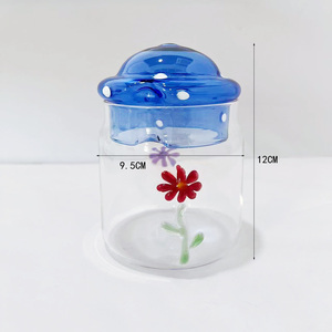 Verre à boire en verre soufflé à la main Jingyi, style nordique, bleu <span class=keywords><strong>royal</strong></span>, avec couvercle à pois floraux violets |   Paille réutilisable résistante à la chaleur sans BPA - Product Image 3