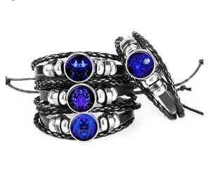 12 Constellation Zodiac Sign Black Braided <b>Leather</b> <b>Bracelet</b> Cancer Leo Virgo Libra Woven Glass Dome Jewelry Punk <b>Men</b> <b>Bracelet</b> - Product Image 1
