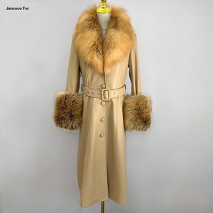 Nuova moda in <span class=keywords><strong>pelle</strong></span> <span class=keywords><strong>Trench</strong></span> giacca lunga in <span class=keywords><strong>pelle</strong></span> da <span class=keywords><strong>donna</strong></span> con grande collo di pelliccia - Product Image 3