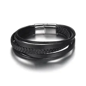 Europe New Trending Multi layer Leather Bangle Titanium Steel Magnetic Clasp Men Bracelet Leather Braided Wrap Jewelry