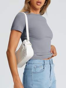 Camiseta de alta calidad para mujer, Camisetas Básicas de manga corta ajustadas, Camiseta corta suave con cuello redondo, ropa de moda de gimnasio bonita de verano - Product Image 3