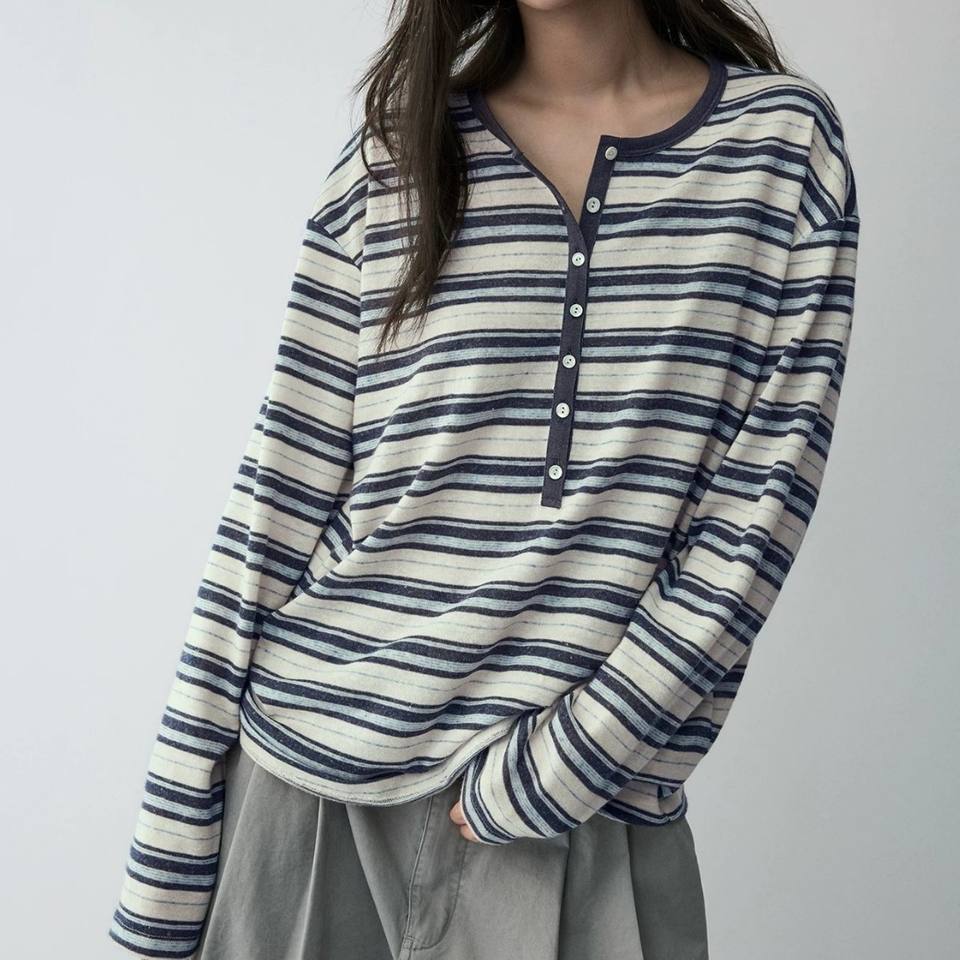 Key Tag Patterns 2026 Comfortable Striped Henley Long Sleeve Cotton Linen Blend Tee ...