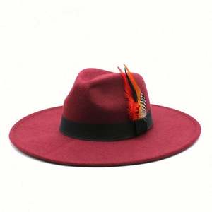 Sombrero Clásico de Ala Ancha de Fieltro para Exteriores, Sombreros Fedora para Mujer al por Mayor 2022 con Cinturón de Plumas - Product Image 5