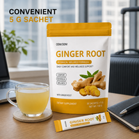 Sachets de gingembre en poudre pour le bien-être quotidien des adultes, marque privée, 150g, portion individuelle, facile à mélanger, certifié HALAL, énergétique, botanique