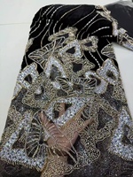 Tissu KC en velours perlé multicolore à motifs de feuilles, dentelle en tulle tricotée polyester/coton, maille ornée de strass pour robe de soirée africaine