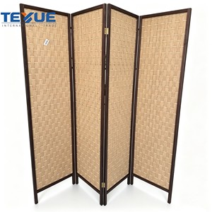 Warm Modern Movable 4 Woven Cane Rattan Folding <b>Screen</b> Room Divider Dark Wood Frame Privacy Partition Living Room Bedroom - Product Image 1