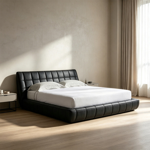 Black Color Modern Luxury Leather <strong>Bed</strong> with Grid Pattern Designs, Elegant Master Bedroom <strong>Bed</strong> Wooden Base for Suite and Penthouse - Product Image 1