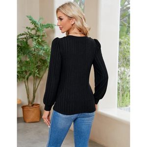 Suéter de cuello en V para mujer, jersey de punto acanalado de manga larga, top informal de otoño, transpirable y ligero, 16 Gg - Product Image 3