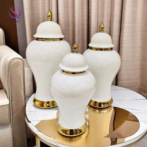 Jarrón General Blanco de Alta Gama con Tapa de Lujo Ligero Chapado en Oro Tipo Jengibre Estilo Europeo Florero de Cerámica Blanco Puro para Decoración del Hogar - Product Image 2