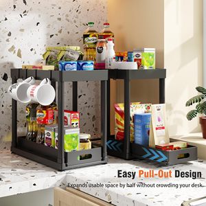 Organiseurs de rangement multifonctionnels en plastique à 2 niveaux, coulissants, pour sous-évier de salle de bain ou de cuisine, avec crochets - Product Image 3