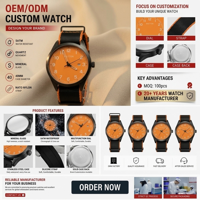 All Black Round Case Watch with Bright Orange Dial Arabic Numerals and Black Nylon Strap with Orange Trim