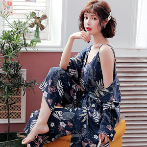 Conjunto de bata de seda y algodón con estampado floral, camisola de manga larga, ropa de dormir para mujer, ropa de dormir de verano estilo coreano - Product Image 1