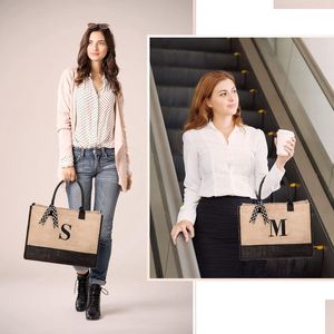 Sac fourre-tout en jute noir personnalisé pour femmes, idéal pour le shopping, les courses, la plage, le sport, le yoga, les fêtes, les cadeaux, avec initiales - Product Image 5