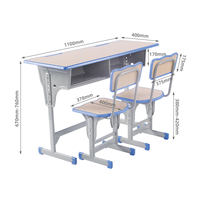 Vente en gros de table d'étudiant pour deux personnes en HDF ignifuge de 1,8 cm, réglable en hauteur, ensemble de bureau et chaise double pour salle de classe