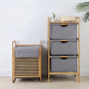 Panier de rangement pliable en bambou à 3 niveaux pour linge, avec étagères en tissu – Vente en gros - Product Image 1