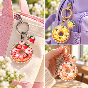 Porte-clés en acrylique personnalisés mignons en forme de donut aux fruits avec mini-breloques, imprimés UV double face, accessoires pour sacs à dessert, OEM ODM - Product Image 3