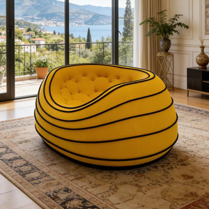 Fauteuil rond de luxe moderne en velours jaune capitonné, siège circulaire unique pour salon - Product Image 3