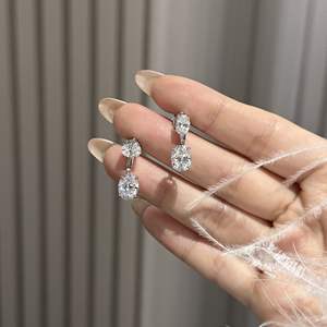 S925 Sterling Silver <b>Fine</b> <b>Dangle</b> <b>Earrings</b> Versatile Rear Hanging Double Stone Oval Diamond Offering Two Wearing Options - Product Image 5