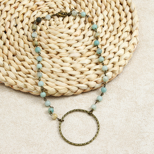 Nueva joyería personalizada Retro étnica para mujer, cadena de <span class=keywords><strong>Rosario</strong></span> de piedra Natural, anillo grande, collar gargantilla corta con abalorio circular de bronce antiguo - Product Image 6