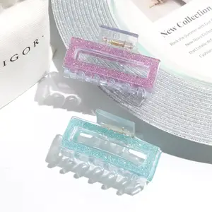Small Size Glitter Blue Acrylic Hair Claw Clips Clear Rectangle Claw Clips For Girls Hair Transparent Trendy Geometric Hair Claw