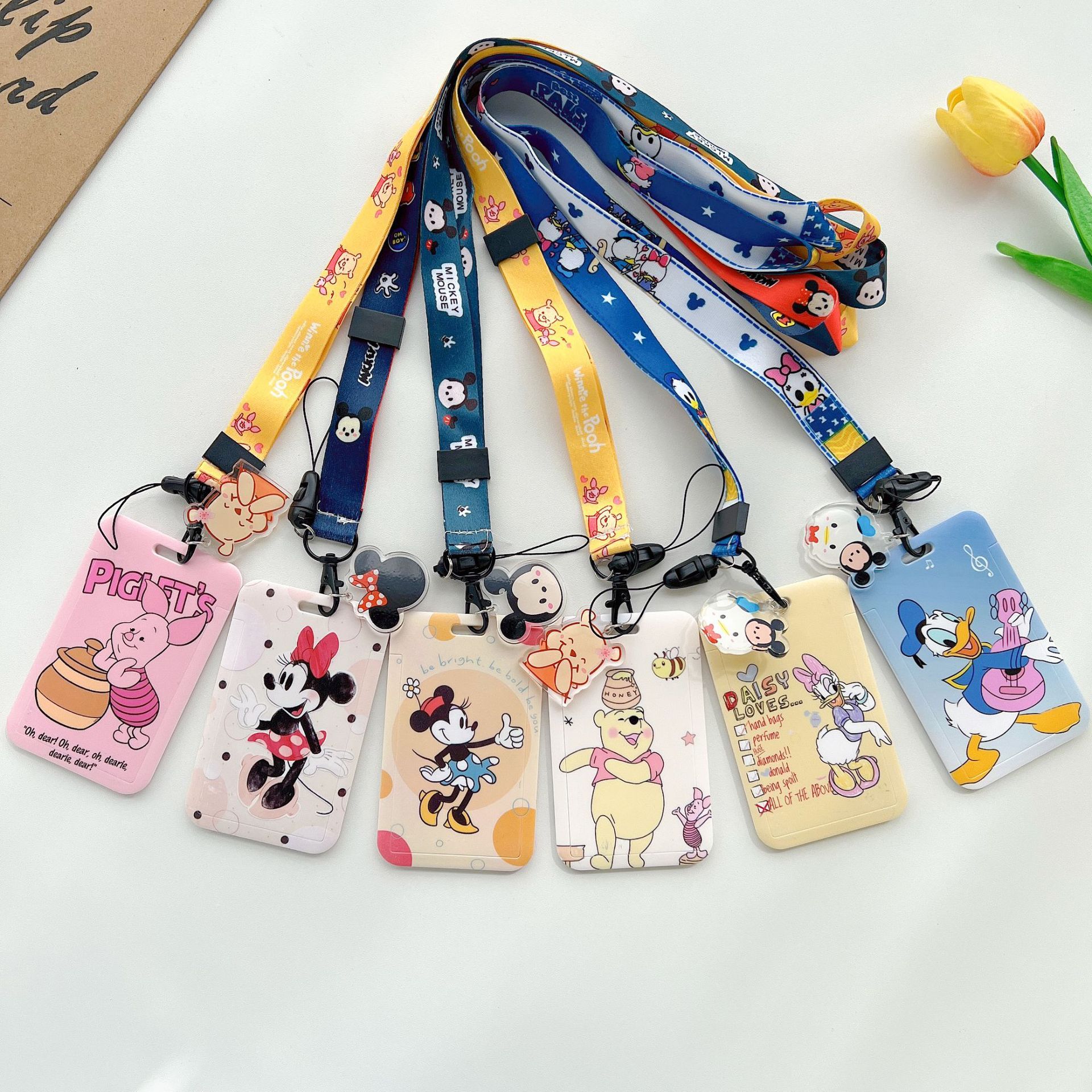ID Name Badge Lovely Cartoon Duck Bear Mouse Pig Card Holder Cases Student Bus Anti-Lost Card Cover Neck Phone Hanging Lanyards