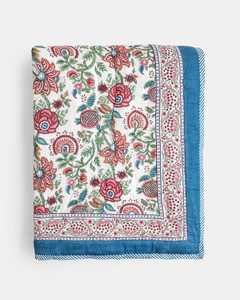 Couvre-lit réversible en coton imprimé à la main, motif floral rouge et bleu, style Kantha indien, rayé, taille King, Jaipur - Product Image 3