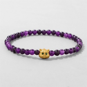 Pulsera de Piedras Naturales Curativas para Mujer, Brazalete Elástico con Cuentas de Amatista y Lapislázuli con Dije de Gato Dorado, Joyería de la Suerte - Product Image 4