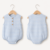 Barboteuse unisexe sans manches en coton et lin à carreaux gingham pour bébé, idéale pour l'été, avec boutons mignons, vente en gros, OEM pour enfants