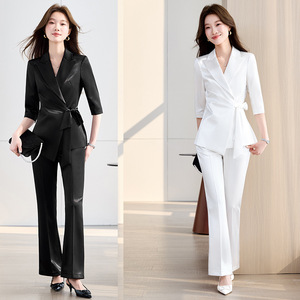 Women's Satin Suit Set Three Quarter Sleeve Breathable Office Lady Workwear Daily Commute Professional Attire - Product Image 1