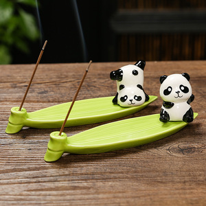 Ceramic Panda Incense Burner Green Leaf Shape <b>Hand</b> <b>Made</b> For Desk Tea Table Decor Therapeutic Aromatherapy Gift - Product Image 2
