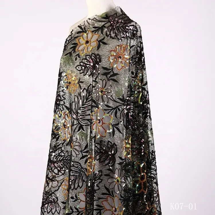 Hochwertige schwarze schöne textile flache Stickerei Spangle Tüll Netz afrikanischen Wed Kleid machen Spitze Stoff