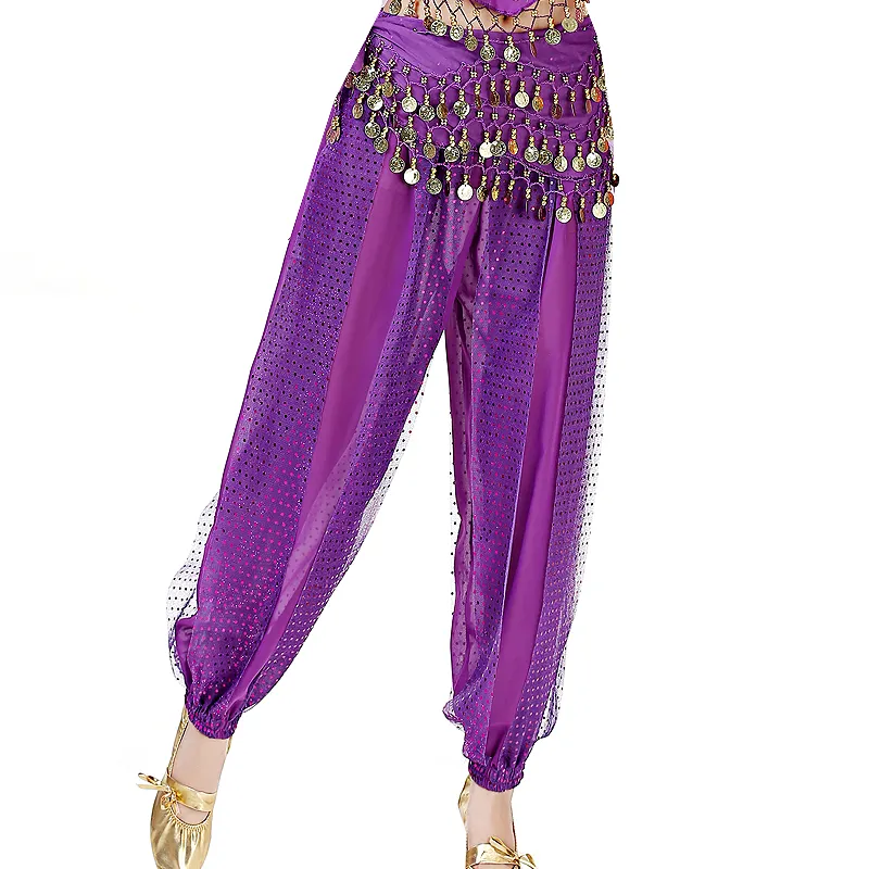 Women Sexy Indian Dance Harem Pants Sequin Belly Pants Carnival Performance Costume Chiffon Bellydance Trousers Stretchy Waist