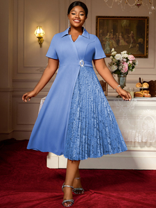 AM050511 collo a manica corta con bavero asimmetrico in pizzo Patchwork rosa a Line formale <span class=keywords><strong>Plus</strong></span> Size abiti Casual da donna con cintura Midi - Product Image 5