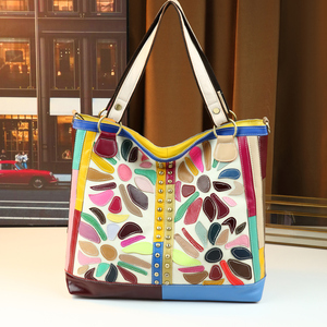 Sac fourre-tout vintage français de style nouveau, coloré, patchwork, perlé, en cuir véritable, grande capacité, pour femmes - Product Image 1