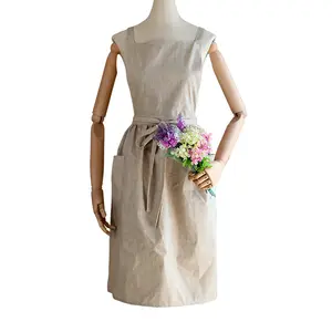 Custom Logo Women Cotton Linen Cross Back Aprons with 2 Pockets for Baking Cooking Gardening Work//