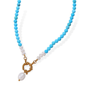 Collar de Perlas de Agua Dulce de Lujo con Colgante de Turquesa, Joyería Moderna para Mujer - Product Image 4