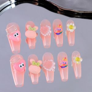 Wholesale Handmade Acrylic Full-Cover Coffin Shape False <b>Nails</b> Pre-Designed Pink/White Gradient <b>Rhinestone</b> Design Long Tips - Product Image 1